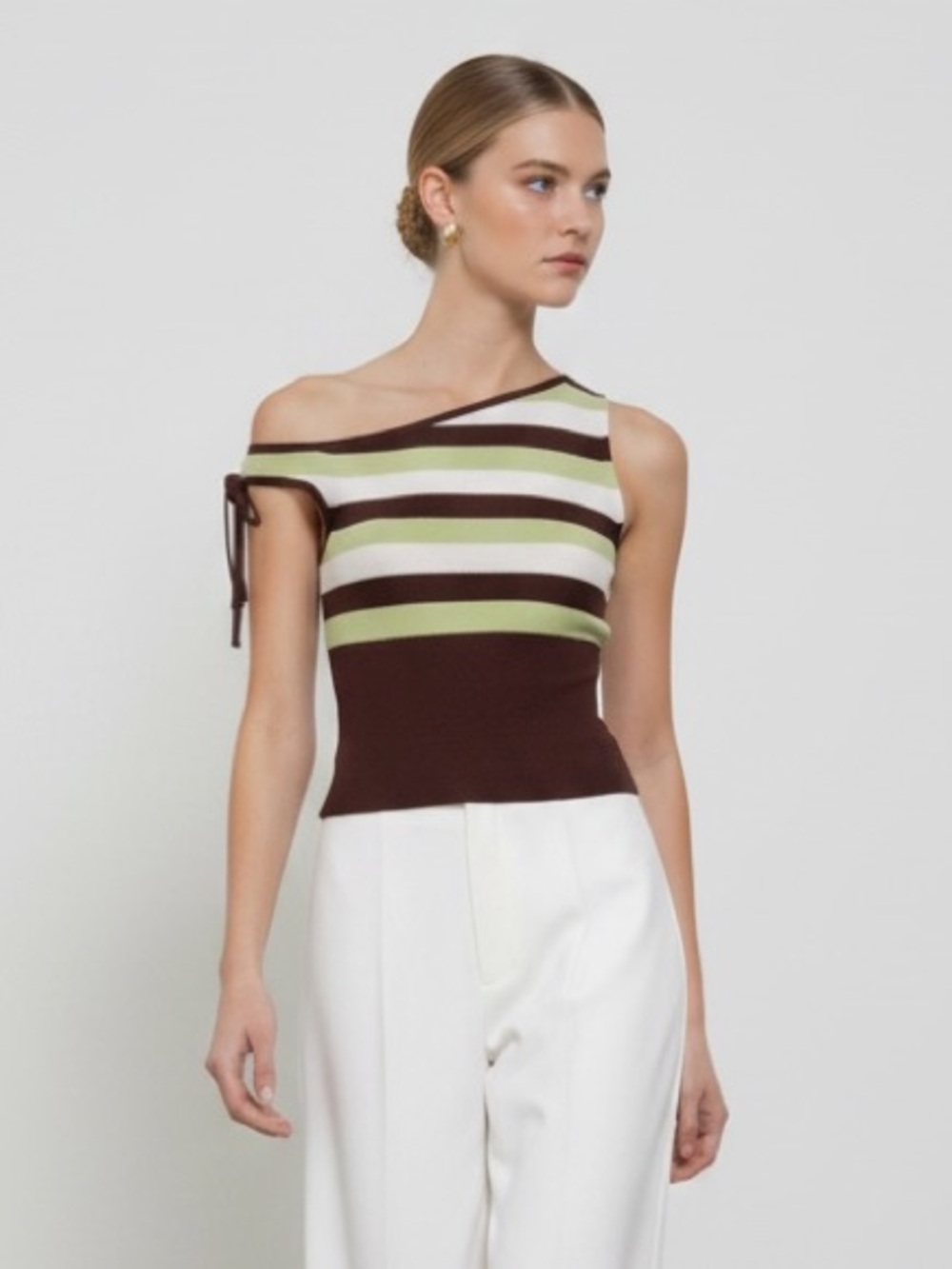 1516 • Pistachio Espresso & Cream Rayon Blend Stripe Asymmetric Bow Shoulder Top